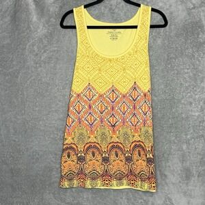 Faded Glory Tank Top Shirt Womens Yellow Paisley Sleeveless Scoop Neck Stretch